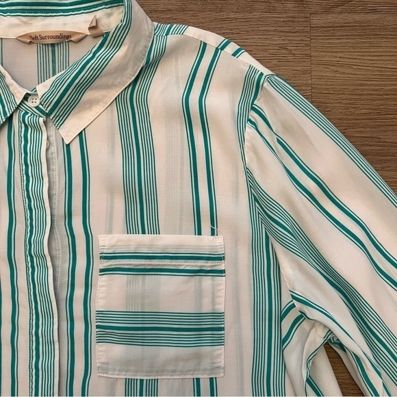 Soft Surroundings Ladson Button Up Top Green Stripe Coastal Lightweight Sz L - Picture 3 of 9